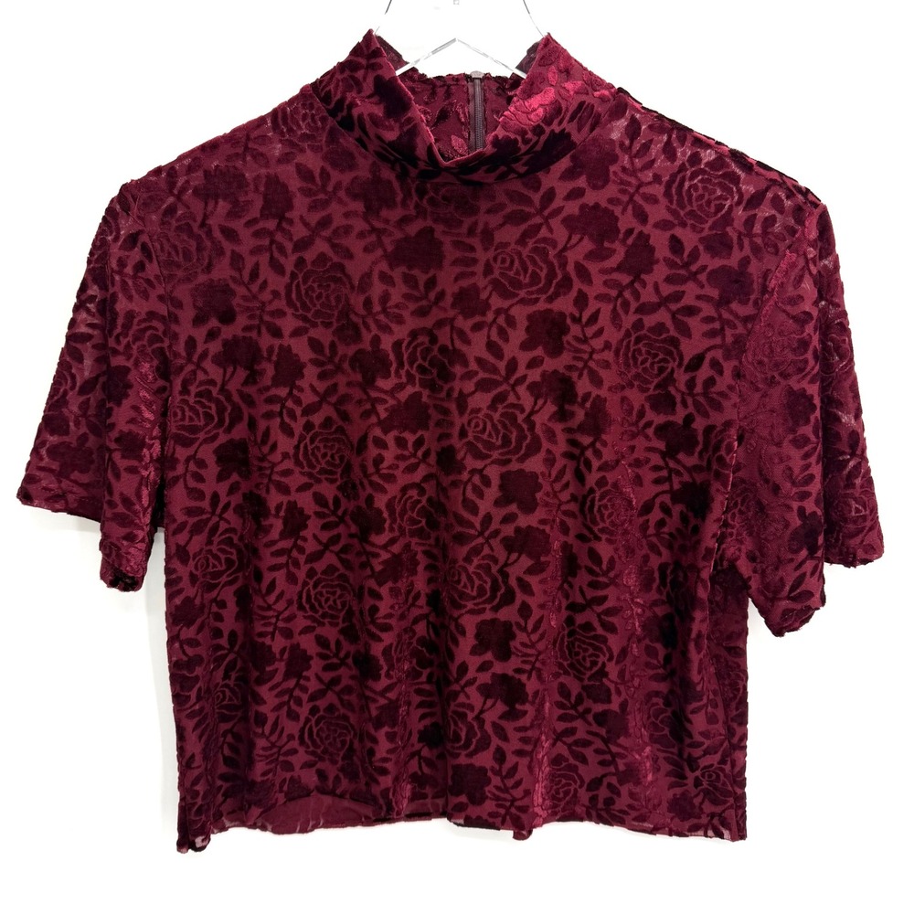 VTG 90s Burnout Velvet Floral Top Size L Whimsigoth Rose Mock Neck Burgundy